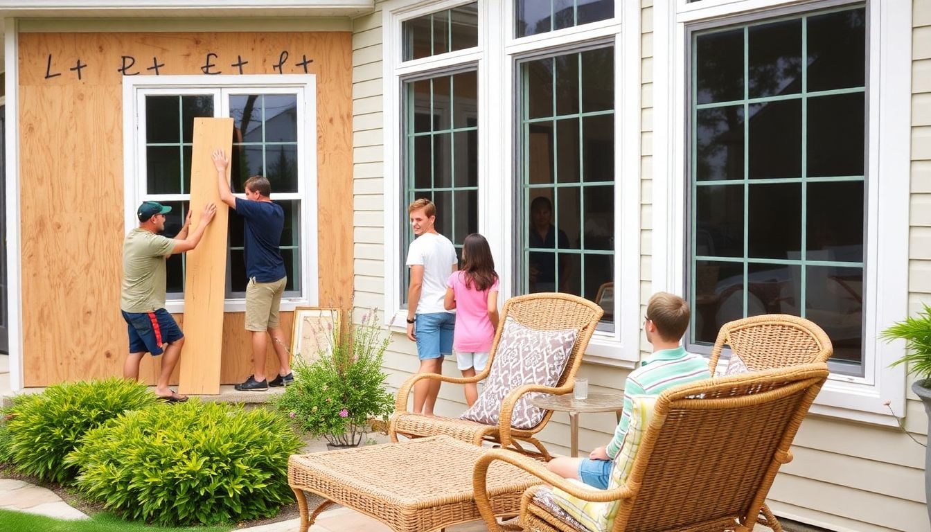 A family working together to board up their windows and secure outdoor furniture before a hurricane.