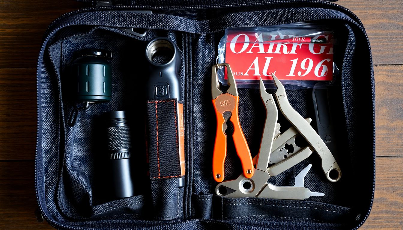 A well-organized tool kit, open to reveal its contents, with a flashlight, whistle, and multipurpose tool prominently displayed.