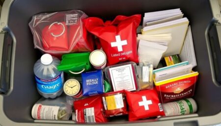 A well-stocked hurricane preparedness kit, including essential supplies like water, non-perishable food, a first aid kit, and important documents, neatly organized in a large, waterproof container, ready for use in case of an emergency.