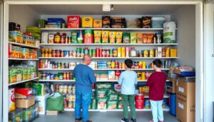 A well-stocked pantry with diverse, non-perishable food items, organized in a modern, clean garage setting, with a family working together to rotate and store their emergency food supply.