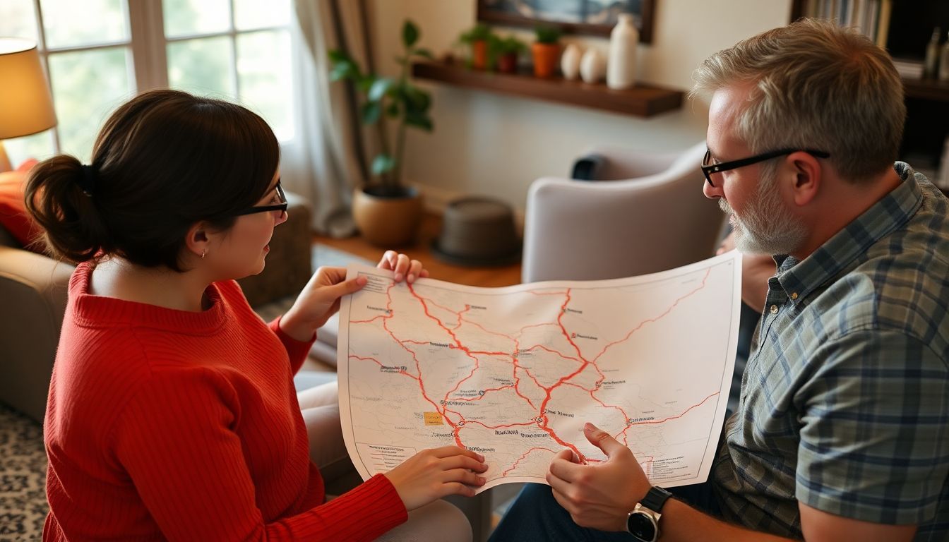 A family studying a map, highlighting multiple evacuation routes from their home