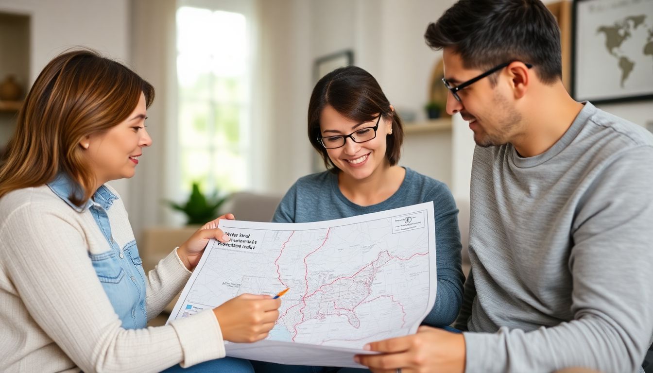 A family discussing a map, highlighting evacuation routes in their home