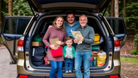 A family standing together in front of their packed car, with essential supplies and a map, ready to evacuate their home during an emergency, surrounded by a safe, wooded area.