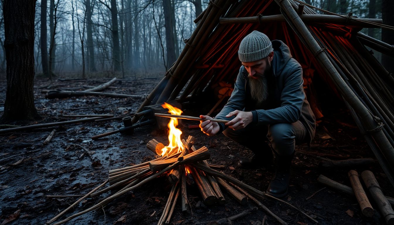 A prepper successfully starting a fire using a bow drill set in a damp environment, with a makeshift shelter constructed from natural materials nearby.