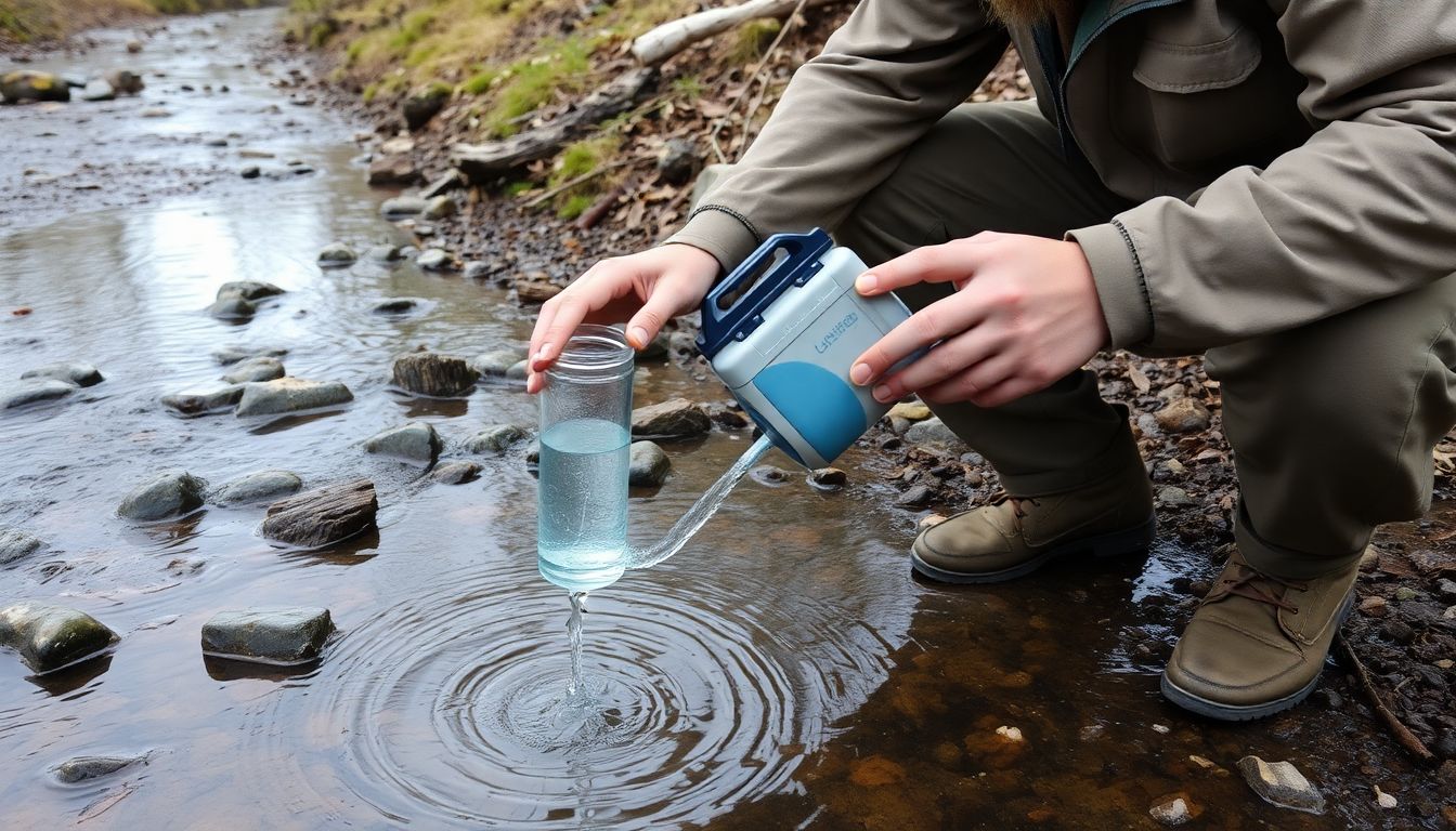 A prepper purifying water from a stream using a portable water filter, with a makeshift latrine and handwashing station nearby.