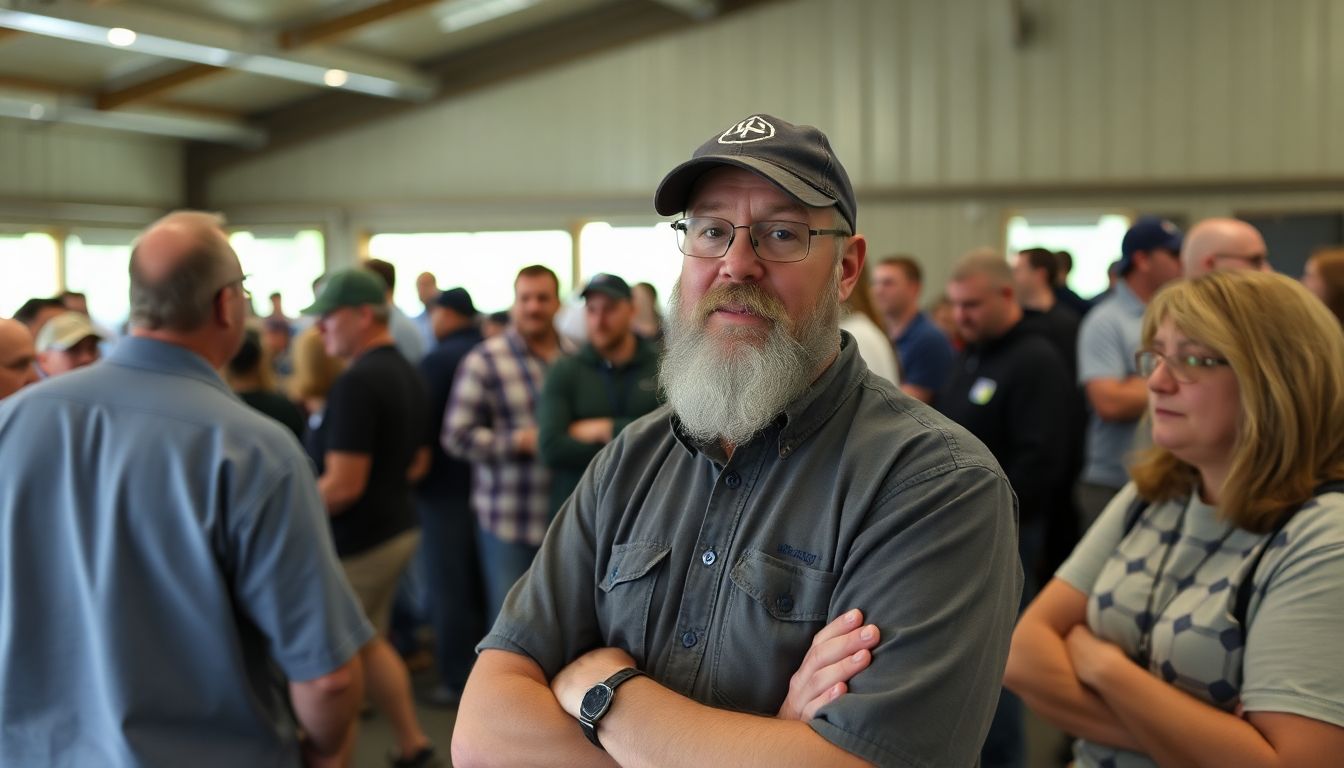 A prepper attending a local prepper meetup, with a diverse group of individuals sharing knowledge and resources.