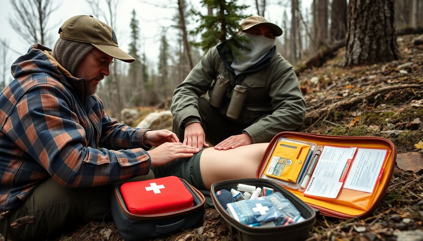 A prepper administering first aid to an injured companion in a wilderness setting, with a comprehensive first aid kit open beside them.