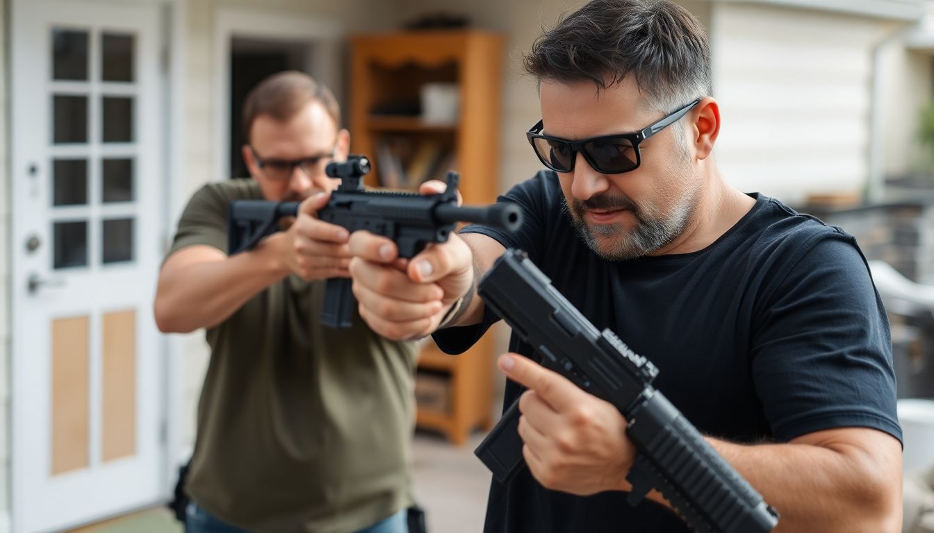 A prepper practicing self-defense techniques in a safe, controlled environment, with a well-maintained firearm and a secure home in the background.