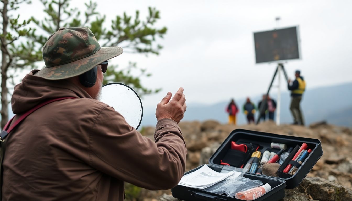 A prepper using a homemade signal mirror to communicate with a rescue team, with a well-stocked emergency communication kit nearby.