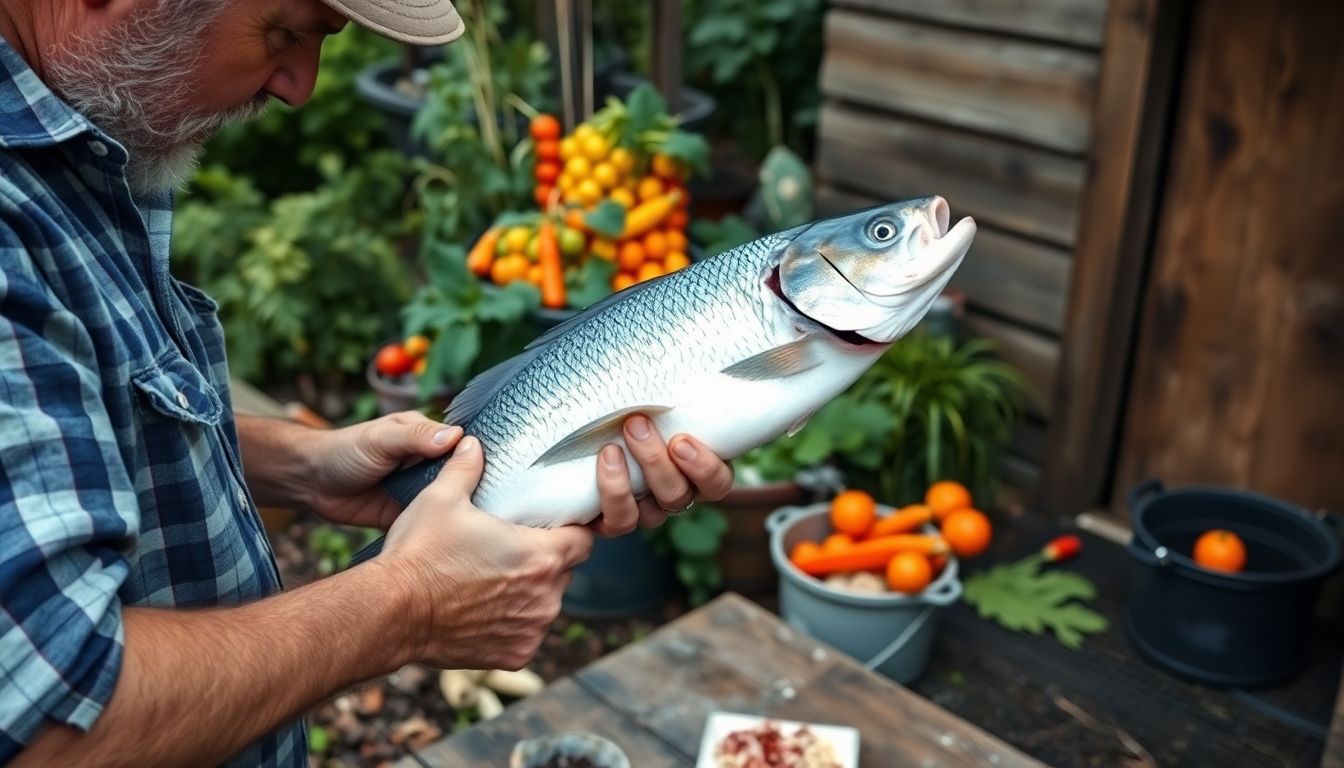 A prepper filleting a freshly caught fish, with a garden full of ripe vegetables in the background, and a root cellar door visible nearby.