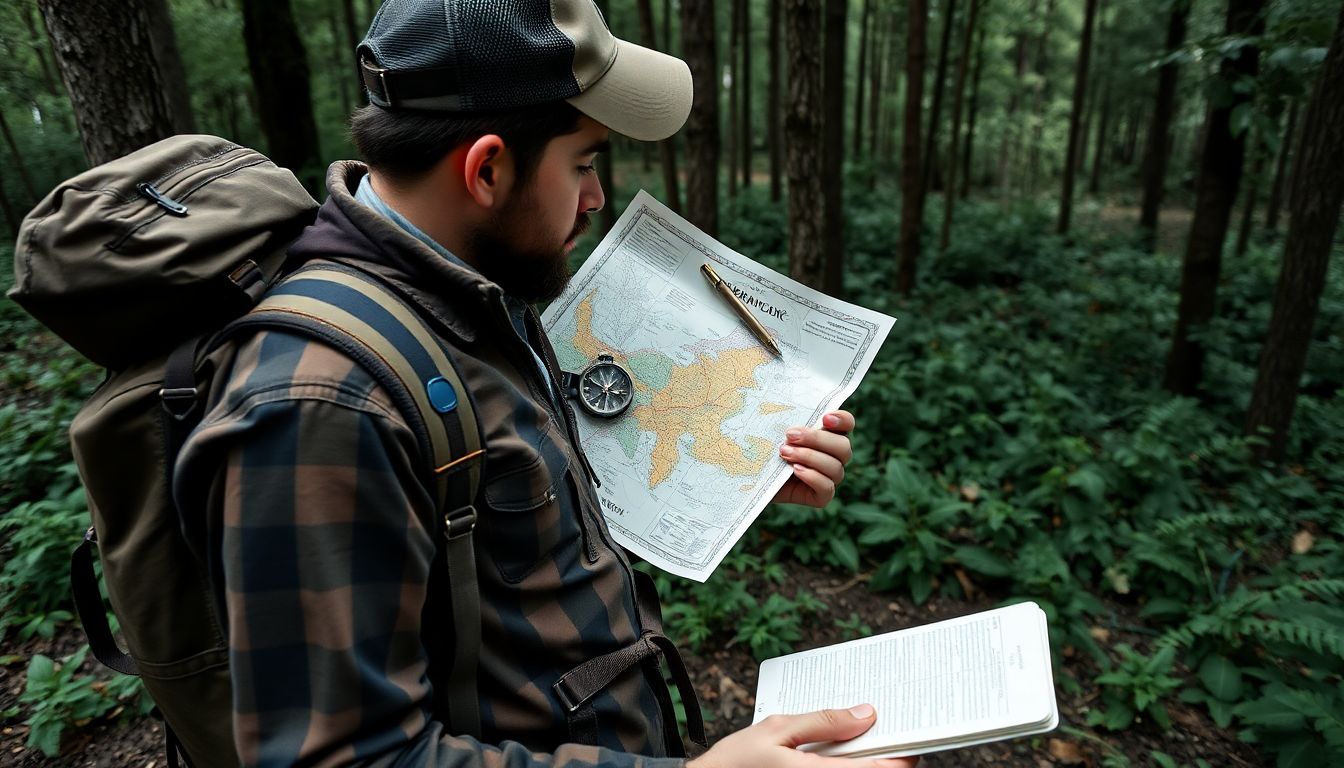 A prepper using a map and compass to navigate through a dense forest, with a backpack filled with survival gear, and a notebook to record observations about their surroundings.