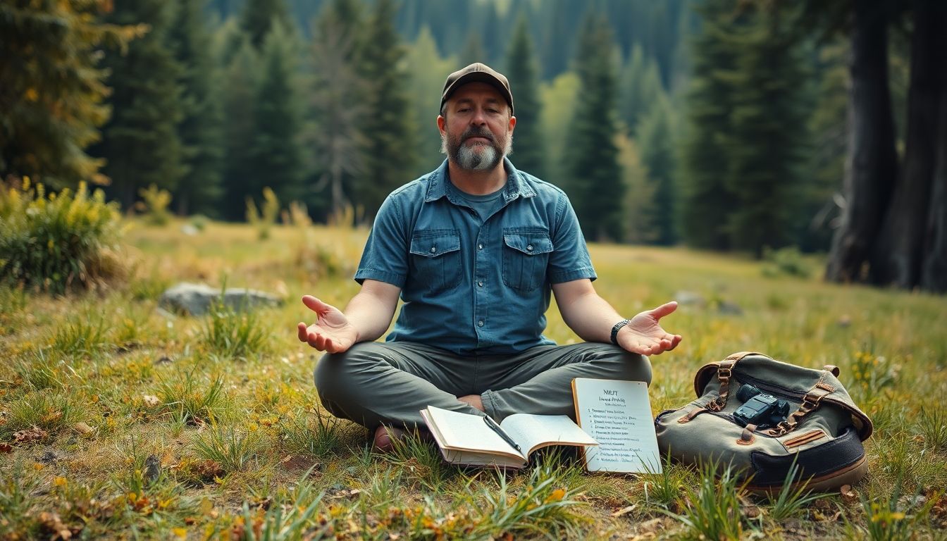 A prepper meditating in a peaceful, natural setting, with a journal and a list of positive affirmations nearby.