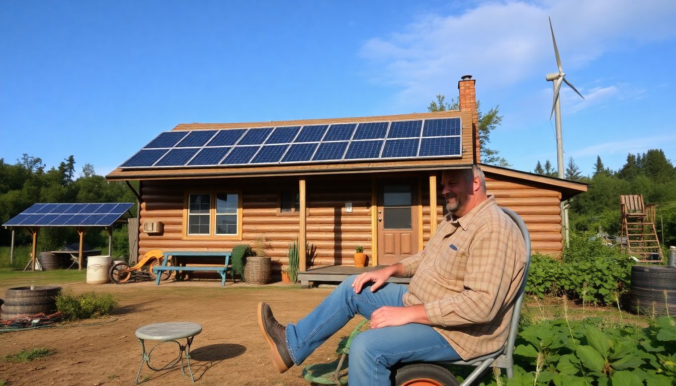 A prepper living in a self-sufficient, off-grid home, with solar panels, a wind turbine, and a garden full of crops in the background.