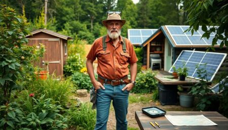 A determined prepper standing in a lush, self-sustaining garden, with a tool belt around their waist, a first aid kit in hand, and a map and compass on a table nearby, surrounded by a well-organized storage shed and a solar panel-powered off-grid home in the background.