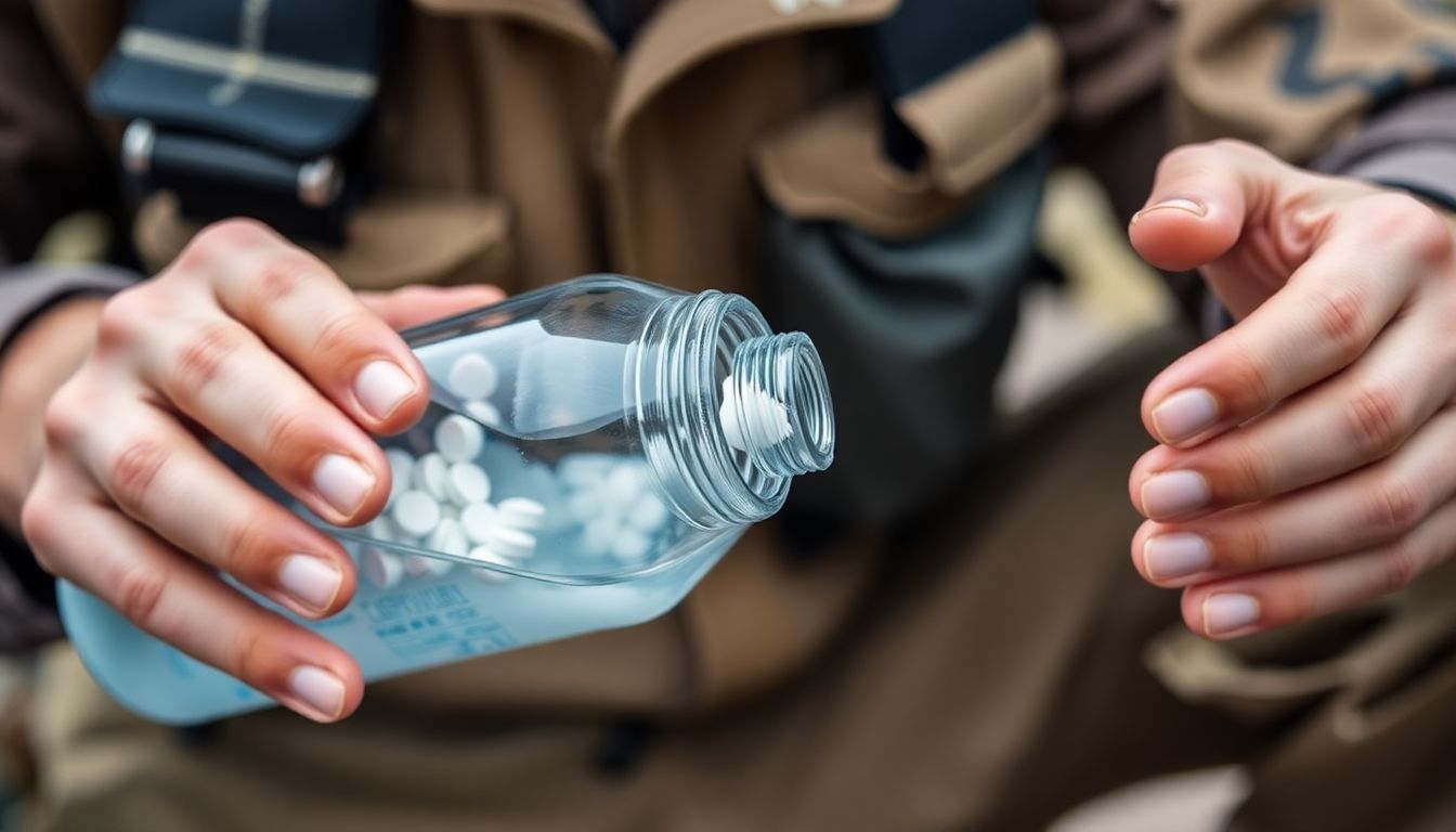 A survivor adding purification tablets to a water bottle, with a close-up of the tablets dissolving.