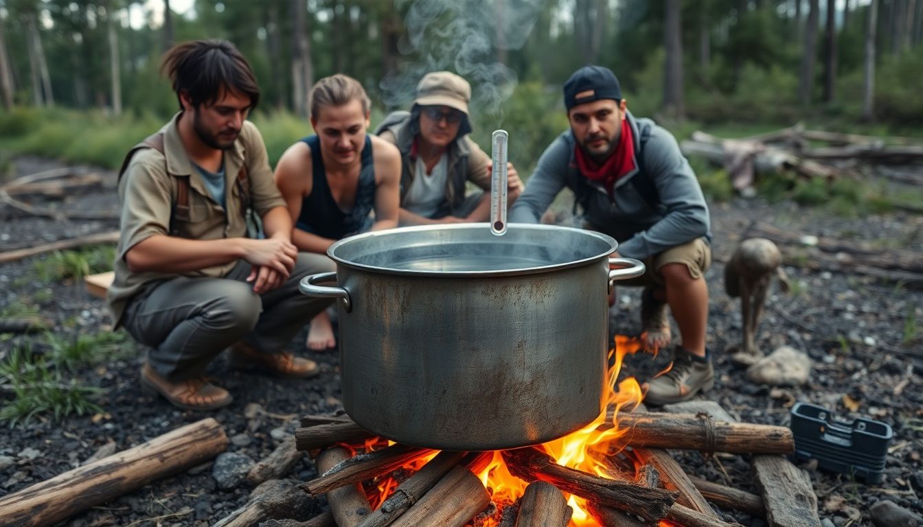 A group of survivors boiling water in a large pot over an open fire, with a thermometer visible.