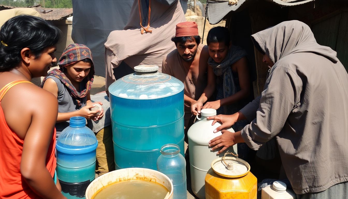 A group of survivors working together to purify and store water, with a large communal container visible.