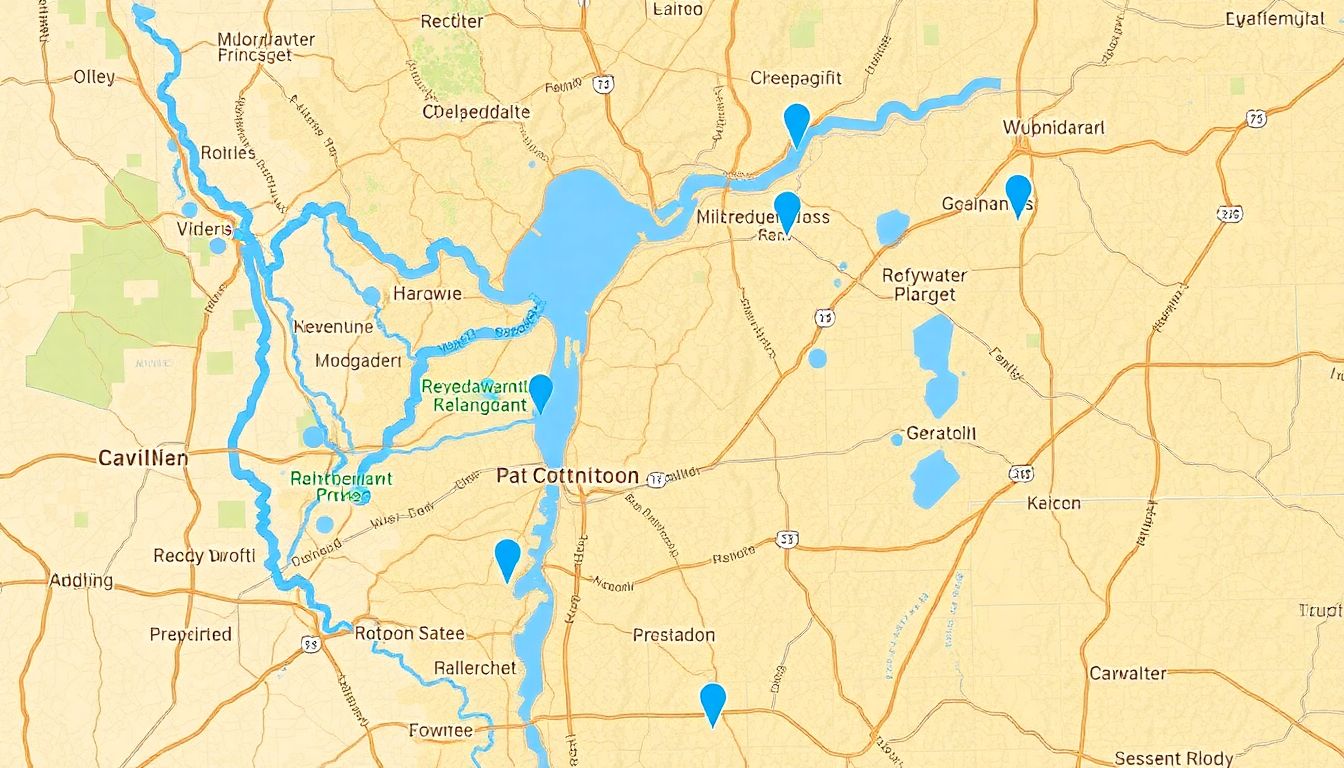 A map with different types of water sources marked, such as rivers, lakes, and rainwater collection points.