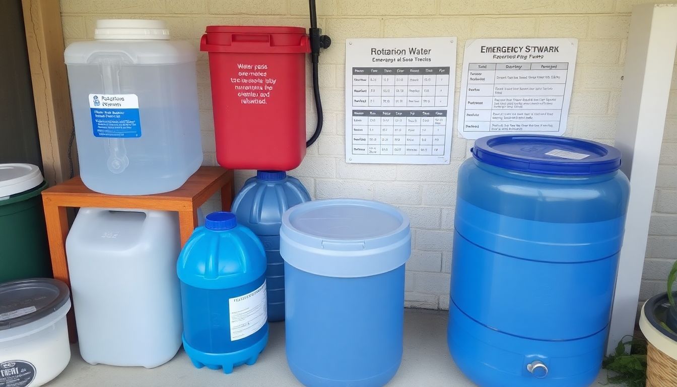 A well-organized emergency water storage setup, with various containers and a rotation schedule visible.