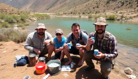 A diverse landscape with a group of survivalists using various water purification methods such as boiling, filtering, and using purification tablets, with a clear, safe water source in the background.