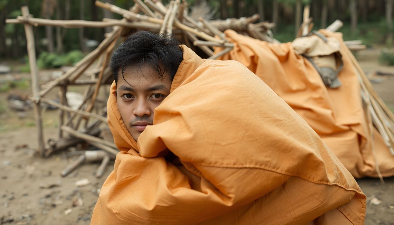 A person huddled in an emergency blanket, with a makeshift shelter made from natural materials in the background.