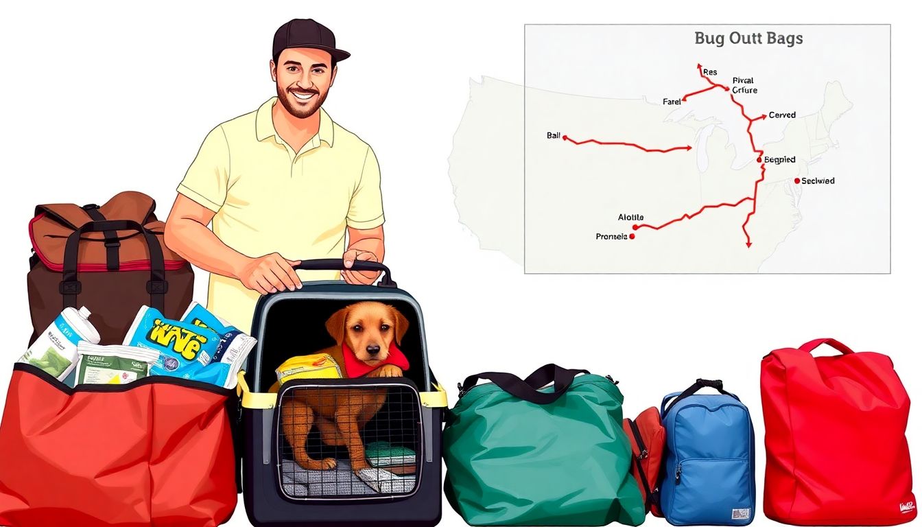 A family with their bug-out bags, including a pet carrier and supplies for their furry friend, with a map showing their planned evacuation route.