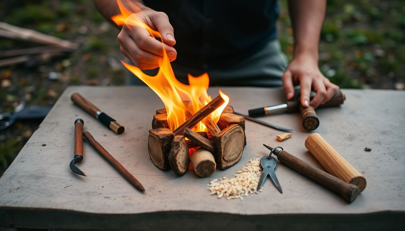 A person successfully starting a fire using multiple methods, with a variety of fire-starting tools and tinder laid out on a table in the background.