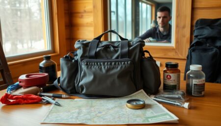 A well-organized bug-out bag sitting on a wooden table, surrounded by essential survival items, with a map and compass in the foreground, and a determined yet calm face reflected in a nearby window.