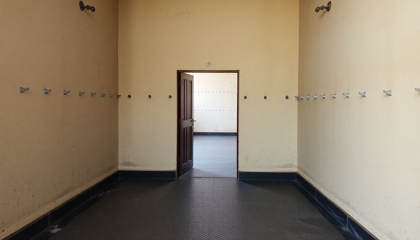 A wall with metal studs and a reinforced door, leading to a room with a fortified floor.