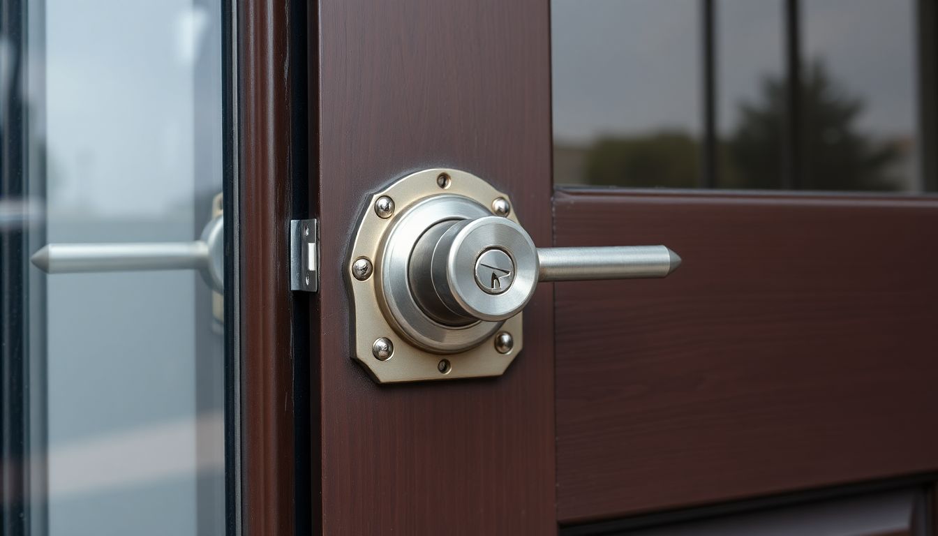 A close-up of a reinforced door with a heavy-duty deadbolt and strike plate, surrounded by security film on the window.