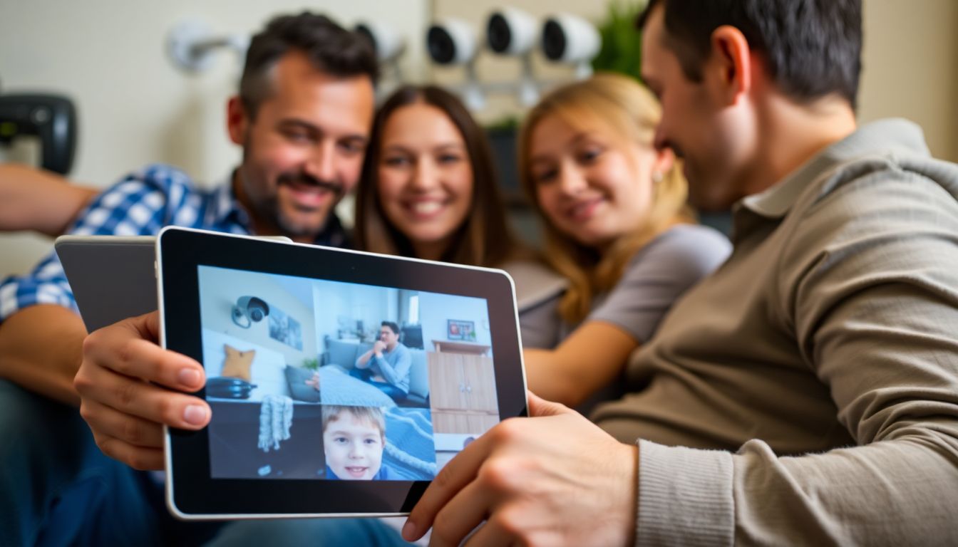 A family monitoring a live feed from their surveillance cameras on a tablet, with cameras visible in the background.