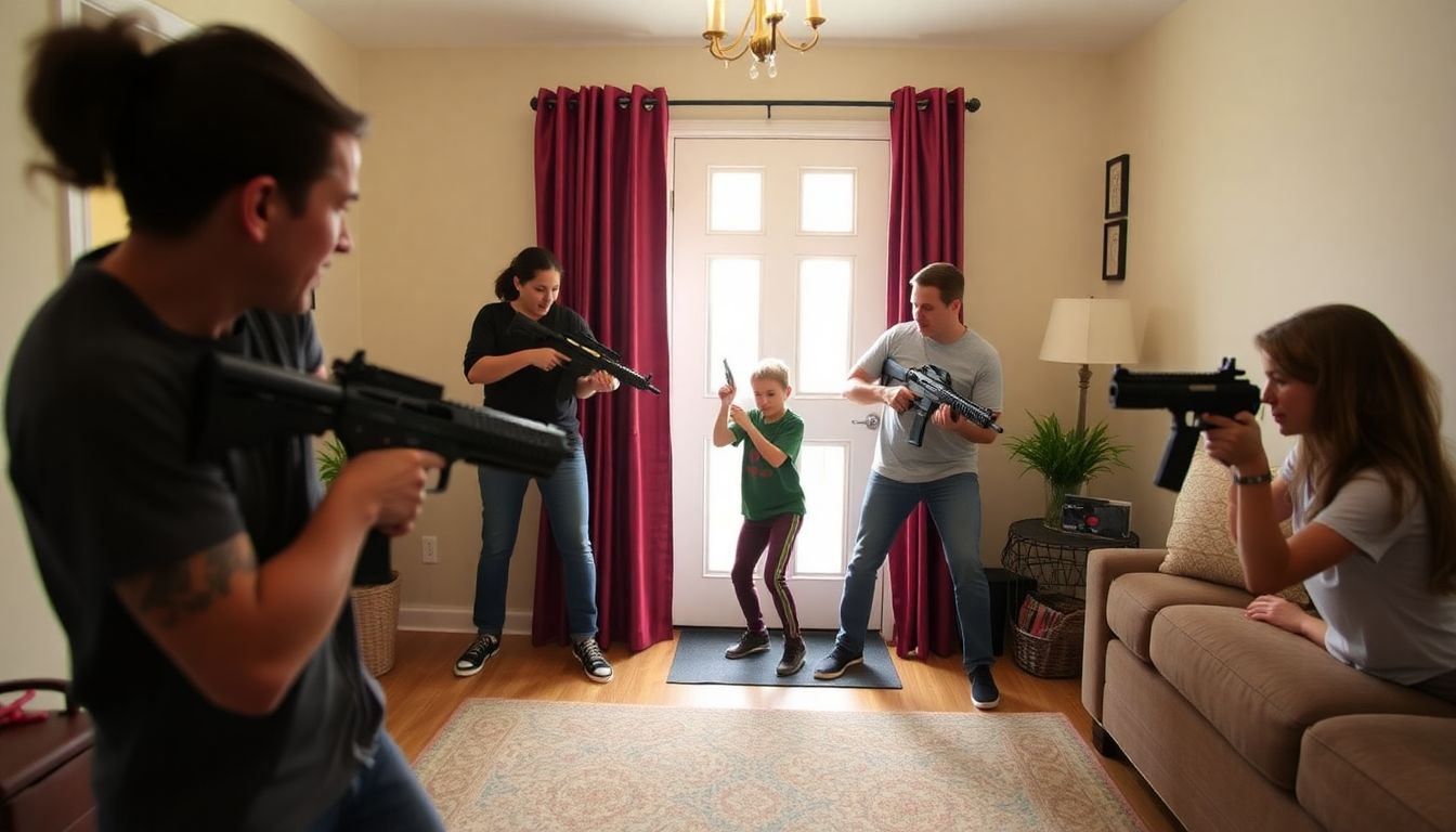 A family practicing a home invasion drill, with each member assigned a role and equipped with a fake weapon.