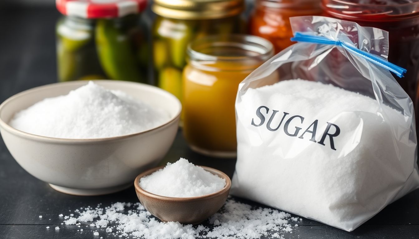 A bowl of salt and a bag of sugar, with pickles and jam jars in the background, emphasizing the role of these preservatives in food preservation.