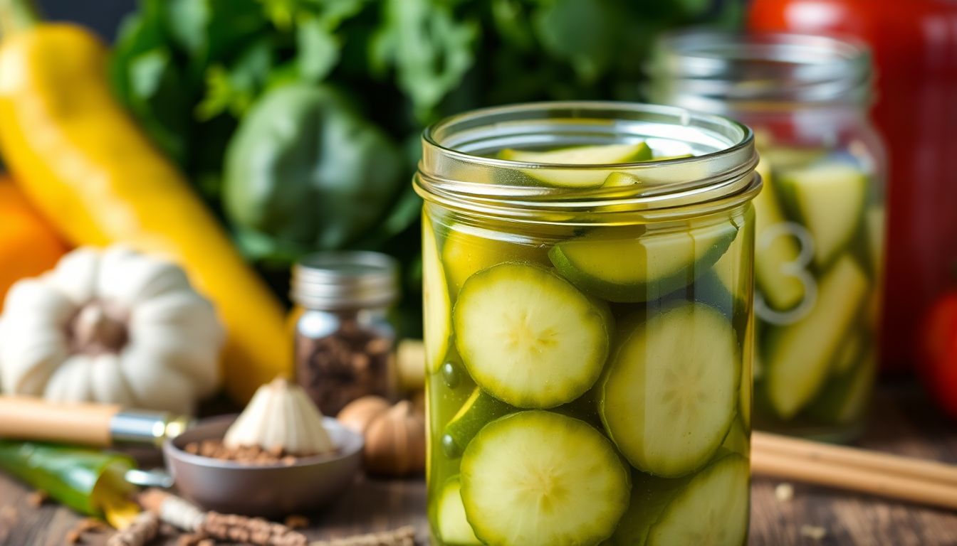 A jar of homemade pickles, with a variety of pickling spices and vegetables in the background, highlighting the art of pickling.