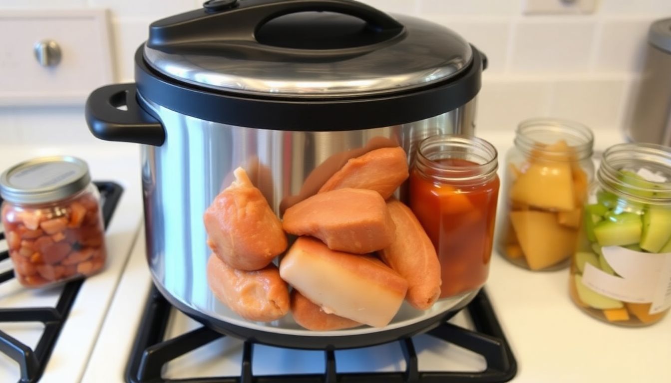 A modern pressure canner on a stovetop, with a variety of meats and fish ready for processing, highlighting the versatility of pressure canning.