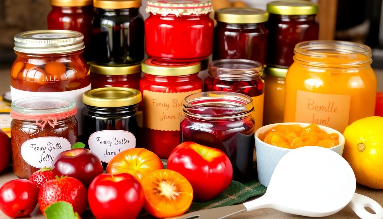 A collection of homemade jams, jellies, and fruit butters, with a variety of fresh fruits and a jam-making tool kit in the foreground, showcasing the art of jam making.