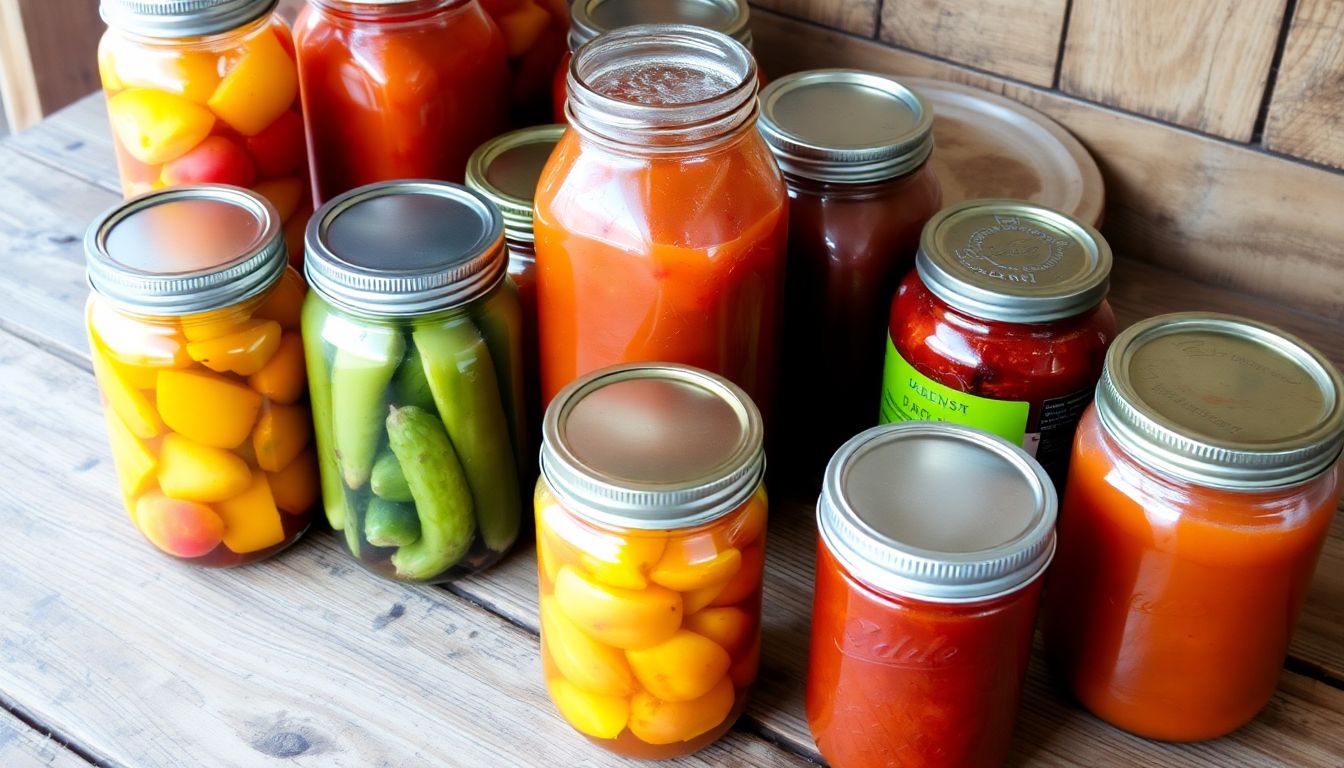 A collection of colorful, homemade canned goods, including pickles, peaches, and tomato sauce, arranged on a rustic wooden table.