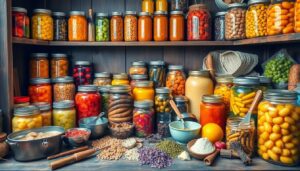 A vibrant image of a well-stocked pantry filled with jars of canned goods, dehydrated fruits, and other preserved foods, with a variety of tools and ingredients scattered around, symbolizing the art and process of food preservation.