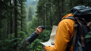 A lone hiker using a handheld ham radio in a dense, green forest, with a map and a compass laid out nearby, and a backpack filled with emergency supplies.