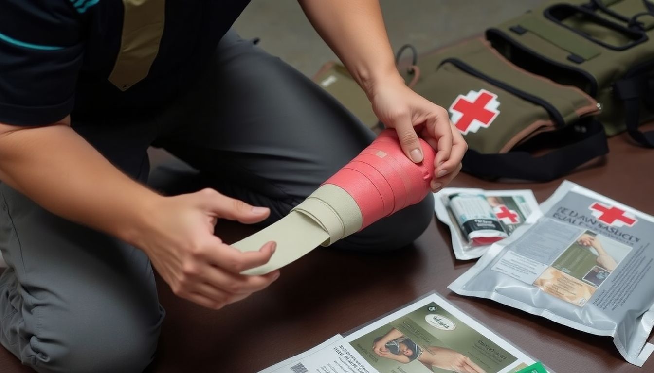 A person demonstrating the proper use of a tourniquet on a mock injury, with advanced medical supplies laid out nearby.