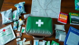 A well-organized first aid kit on a wooden table, surrounded by medical supplies, bandages, and survival guides, with a map of a wilderness area in the background.