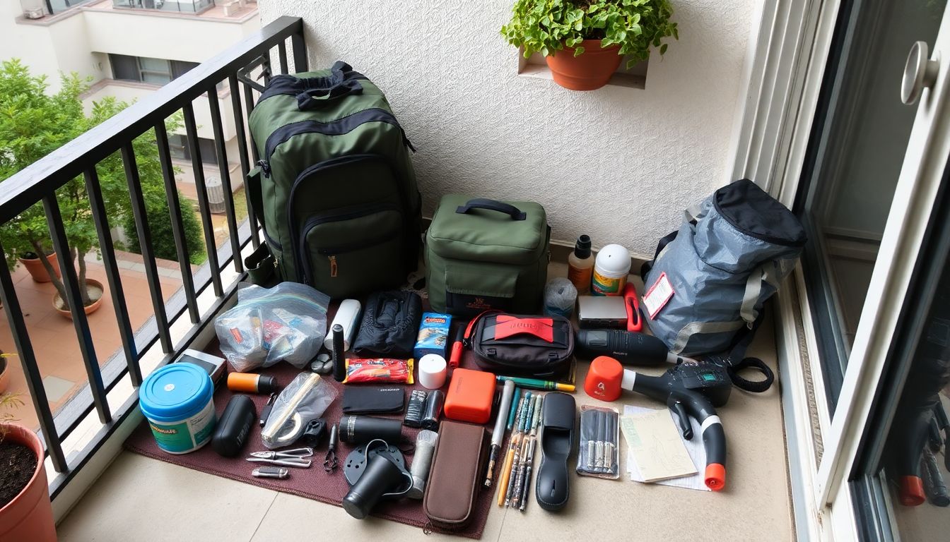 A well-organized survival kit laid out on a small apartment balcony