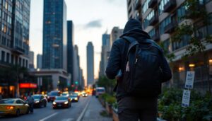 A bustling city street at dusk, with skyscrapers in the background. A lone figure, dressed in practical clothing, is seen checking their backpack, which is filled with essential supplies. The figure is standing next to a community garden, symbolizing the blend of urban life and preparedness.