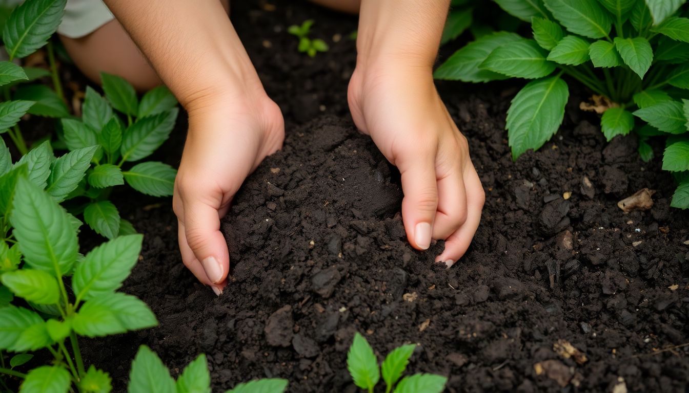 A person's hands gently sifting through rich, dark, and crumbly soil, surrounded by lush greenery.