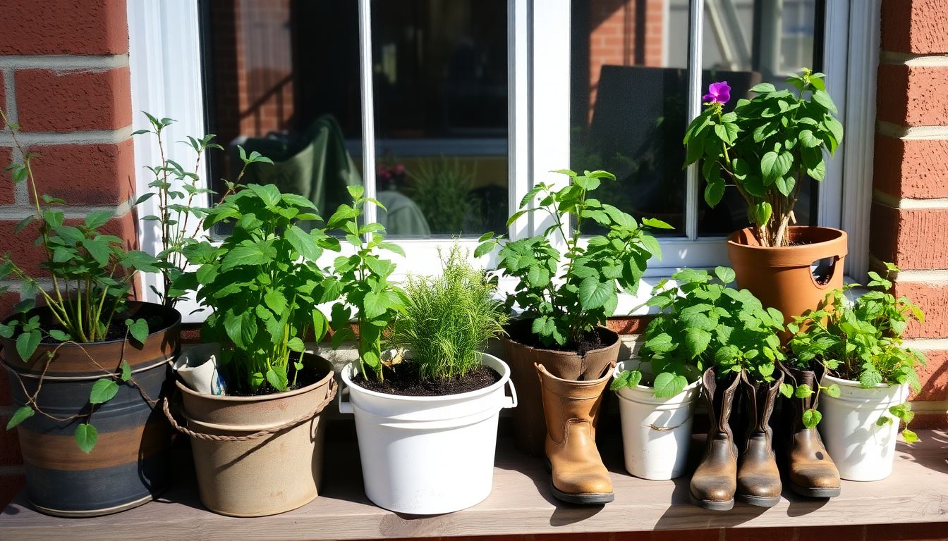 A variety of plants growing in repurposed containers, such as buckets, crates, and old boots, on a sunny windowsill.