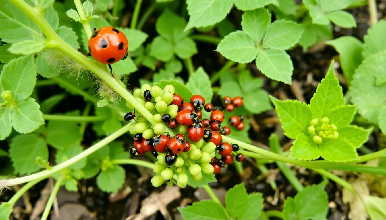 Ladybugs and lacewings feasting on aphids, with a variety of plants growing together in a garden bed.