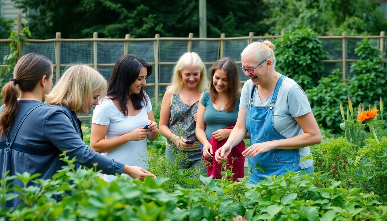 A group of people gathered in a community garden, sharing plants, knowledge, and laughter.