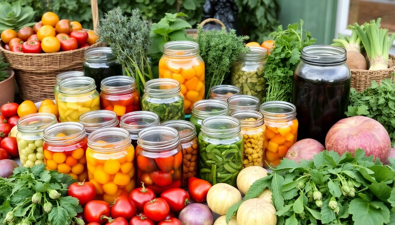 A table laden with jars of preserved fruits, vegetables, and herbs, surrounded by a variety of garden-fresh produce.