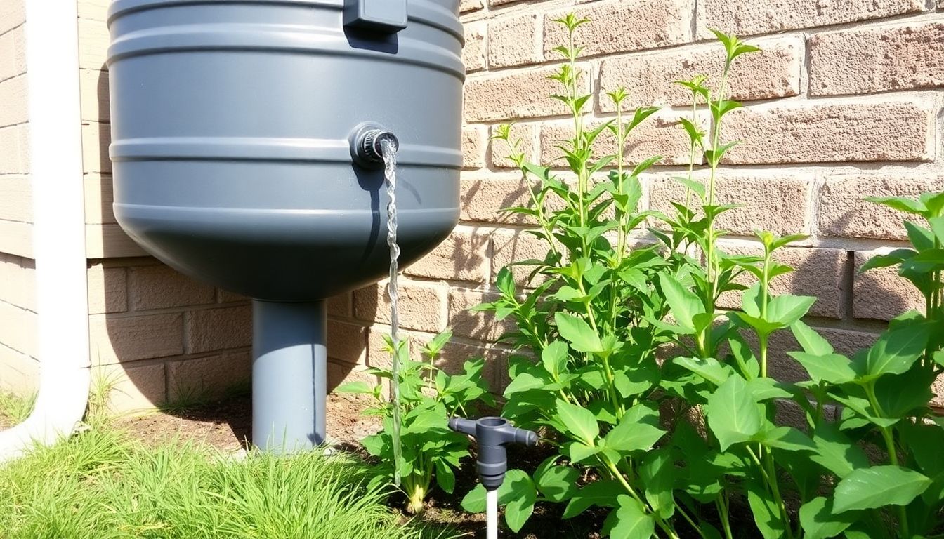 A rain barrel collecting water from a downspout, with a drip irrigation system visible in the foreground.