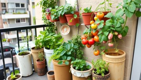 A lush, vertical garden thriving in a small urban balcony, with a variety of vegetables, herbs, and fruits growing in repurposed containers, showcasing the beauty and potential of survival gardening.